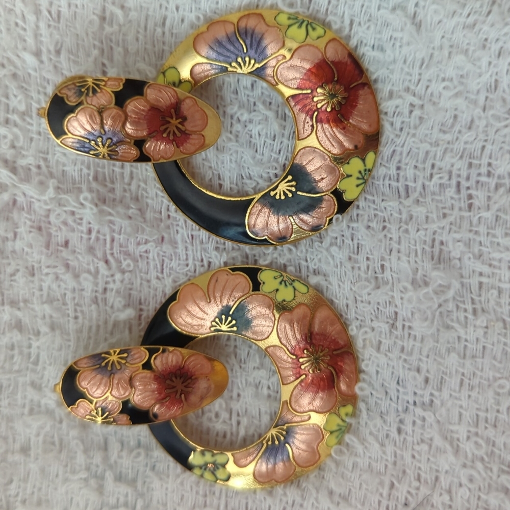 Vintage Chinese Cloisonné Enamel Hoop Earrings